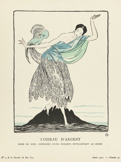 Srebrny Ptak. Suknia wieczorowa, składająca się z szalika otulającego biust z La Gazette du Bon Ton, pub. 1914 (wzornik) autorstwa French School