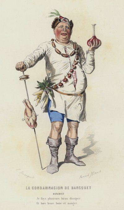 Potępienie Bankietu (kolorowy grawerunek) autorstwa French School