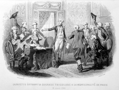 La Fayette (Lafayette) oferuje Cocard Tricolore gminie Paryż (31 sierpnia 1789) - w „Festes de Gardes Nationales de France”” autorstwa French School