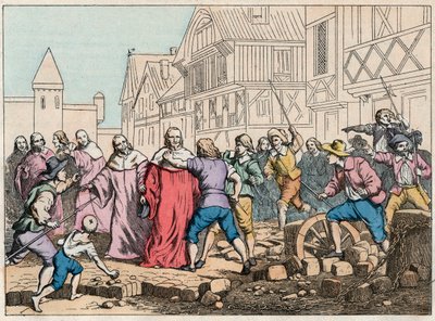 La Fronde (27 sierpnia 1648) - barykady w Paryżu: chłopiec wirnika zagrażający przewodniczącemu parlamentu Mathieu Mole (1584-1656) - prezydent Mole poturbowany przez powstańców - Rycina z końca XIX wieku w „” Nos Gires Nationales - Obrazy i odtworzenia autorstwa French School