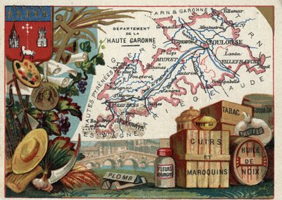 La Haute Garonne (Haute-Garonne, 31), Midi-Pyrenees (Midi Pyrenees), Francja. Lokalna specjalność: ołów, kwiaty pomarańczy, pasta, wyroby skórzane i skórzane, tytoń, olej z orzechów włoskich, smoła i trufle. Seria o francuskich departamentach. Chromolitogr autorstwa French School