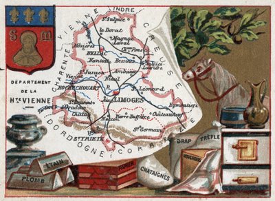 La Haute Vienne (Haute-Vienne, 87), Limousin, Francja. Cyna, ołów, papier kasztanowy, prześcieradło, koniczyna i chusteczki do nosa. Seria o francuskich departamentach. Chromolitografia (Chromo) „”nić geograficzna””, ok. 1920 r. Zbiory prywatne. autorstwa French School
