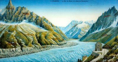 La Mer du Glace, Aiguille du Dru i Stacja Montanvers, ok. 1900 (kolorowe zdjęcie) autorstwa French School