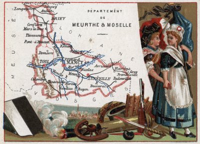 La Meurthe et Moselle (Meurthe-Et-Moselle, 54), Lotaryngia, Francja. Portret dwóch rewolucyjnych kobiet. Seria o francuskich departamentach. Chromolitografia (Chromo) „”nić geograficzna””, ok. 1920 r. Zbiory prywatne. autorstwa French School