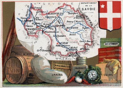 La Savoie (73), Rodan-Alpy (Rodan-Alpy), Francja. Seria o francuskich departamentach. Lokalna specjalność: olej z orzechów włoskich, wino, zboża, kirschwasser (kirsch), ser, gaza komorowa i skóra. Chromolitografia (Chromo) „”nić geograficzna””, ok. 1920 r. autorstwa French School