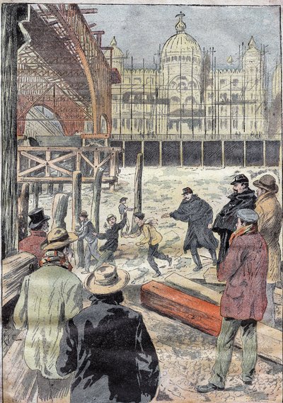 La Seine gelee, w pobliżu żelaznego mostu zbudowanego na wystawę uniwersalną, obok Pont des Invalides, zima 1899. Grawer w „”Le Pelerin”” 31.12.1899. autorstwa French School