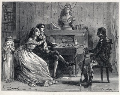La Terreur podczas Rewolucji Francuskiej: Camille Desmoulins (1760-1794), więziony, odwiedził swoją żonę Lucile (1770-1794) i marszał Guillaume Brune (1763-1815) autorstwa French School