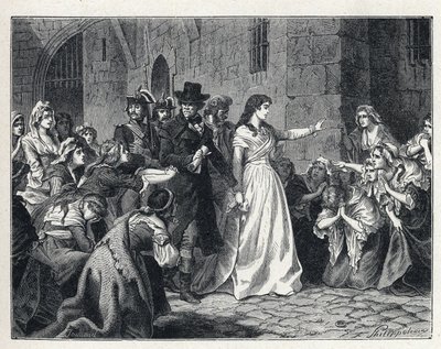 La Terreur podczas Rewolucji Francuskiej: Madame Jeanne Marie Roland de la Platiere (1754-1793) opuszcza więzienie Concierge, by stanąć przed Sądem Rewolucyjnym w 1793 roku. Jego współpracownicy klękają na jego drodze. autorstwa French School