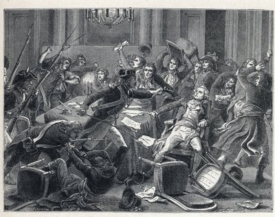 La Terreur podczas Rewolucji Francuskiej: aresztowanie Maksymiliana de Robespierre (1758-1794) i jego zwolenników ponownie spotkali się w Hotel de Ville de Paris 9 termidora roku II (27 lipca 1794). W centrum żandarm strzelił z pistoletu w Robespierre