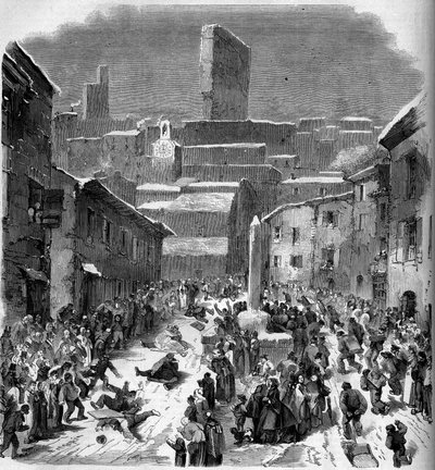 Zjeżdżalnia w barriotach (sanie) w Bourdeaux, Drome (26), zima 1860. Grawer „” Le Monde Illustré” n°149 z 18 lutego 1860. autorstwa French School