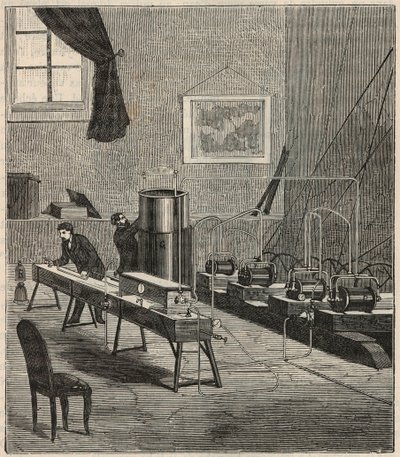 La liquefaction des gaz dans le laboratoire de Raoul Pictet (1878) - Raoul Pierre Pictet (1846-1929) szwajcarski fizyk przeprowadza eksperyment w celu upłynnienia i zestalenia gazowego wodoru oraz zbadał właściwości substancji w niskich temperaturach - Gra autorstwa French School