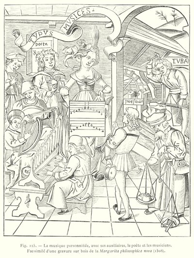 Uosobienie muzyki, wraz z jej pomocnikami, poetą i muzykami (grafika) autorstwa French School