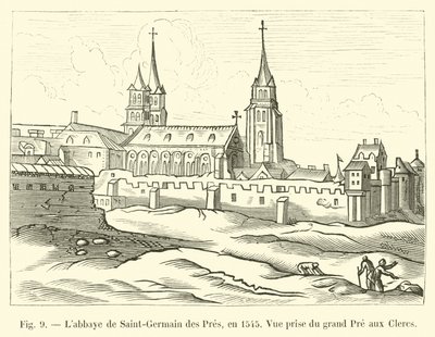 Opactwo Saint-Germain des Pres, w 1545 r., Widok z Grand Pre aux Clercs autorstwa French School