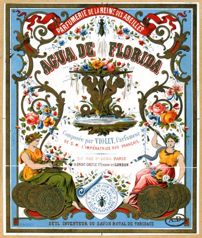 Etykieta reklamująca perfumy Aqua de Florida z perfumerii La Reine des Abeilles, Paryż, 2. poł. XIX w. autorstwa French School