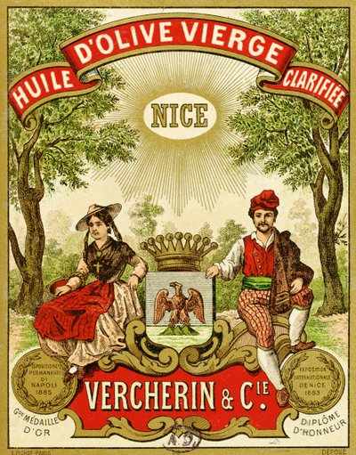Etykieta na oliwę z oliwek Extra Virgin Vercherin, ok. 1885-90 autorstwa French School