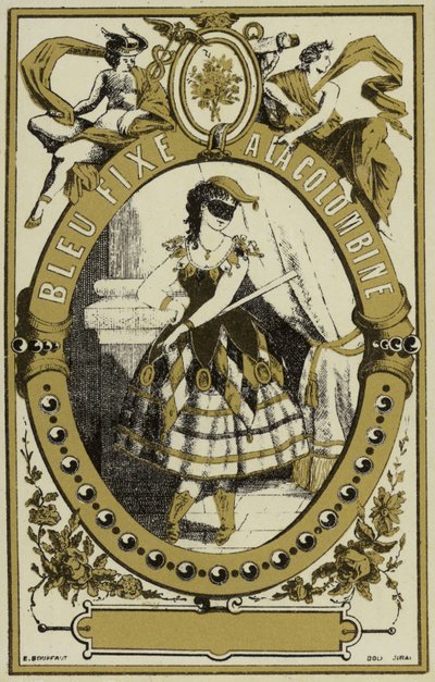 Etykieta z napisem Bleu Fixe a la Colombine autorstwa French School