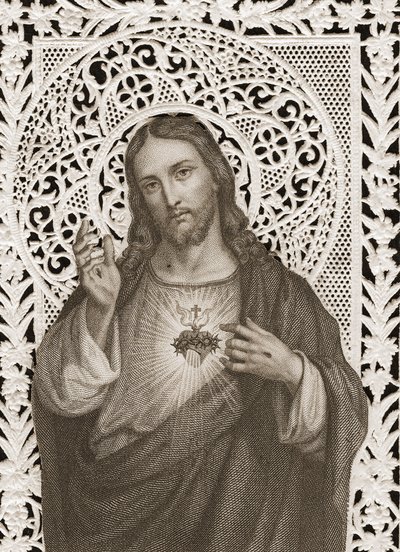 Koronkowa karta przedstawiająca Najświętsze Serce Jezusa, XIX w. (bw litho) autorstwa French School