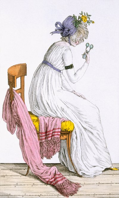Dama w peniuaru, z Costume Parisien, opublikowanej w Journal des Dames et des Modes, 1797 autorstwa French School