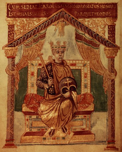 Lat 1152 f.3v Karol Wielki (Carolus Magnus, Charles the Great) (747-814) Król Franków i chrześcijański cesarz Zachodu, z Psałterza Karola Śmiałego autorstwa French School
