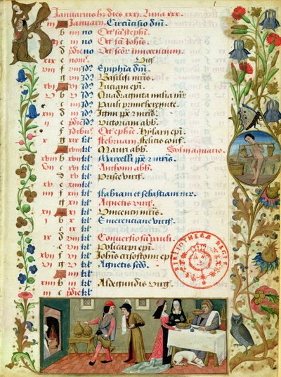 Lat 1173 f.1 stycznia; postacie jedzące i pijące, Robinet Testard, z Godzin Karola z Angouleme autorstwa French School