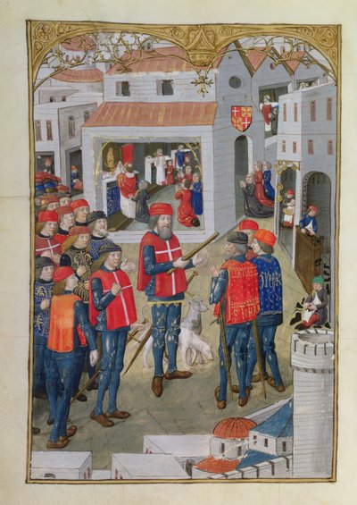 Lat 6067 fol.33v Rycerze św. Jana z Jerozolimy przygotowują się do obrony Rodos, z Historii oblężenia Rodos, Guillaume Caoursin, 1483 autorstwa French School