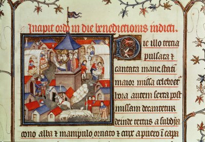 Lat 962 f.264 Miniatura biskupa błogosławiącego doroczny jarmark lub jarmark odbywający się przez dwa tygodnie w czerwcu na równinach św. Denisa, od pontyfikatu, 1301-1400 autorstwa French School