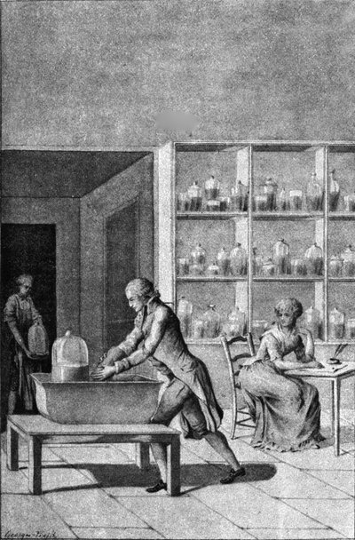 Lavoisier w swoim laboratorium w Arsenale, demonstrujący eksperyment dotyczący oddychania, XVIII wiek autorstwa French School