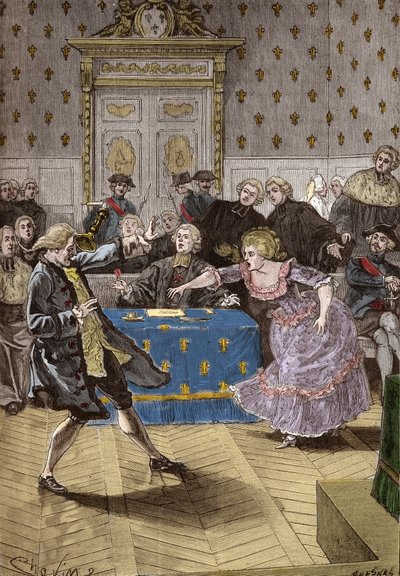 Pozew w sprawie naszyjnika królowej Marii Antoniny - Przed Parlamentem Paryskim Cagliostro popychający za daleko fałszywą hrabinę Lamotte-Valois, intrygant, który oszukał kardynała Rohanu. 31 maja autorstwa French School