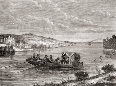 Układanie kabla telegraficznego pod amerykańską rzeką ok. 1860, z Les Merveilles de la Science, opublikowane ok. 1870 (rycina) autorstwa French School