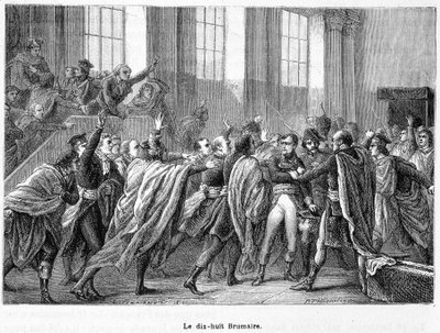 18 Brumaire rok 8: Zamach stanu Napoleona w Saint-Cloud w Conseil des Cinq-Cents (pięćset) (pokój 500) - w „La France Populaire”” autorstwa French School