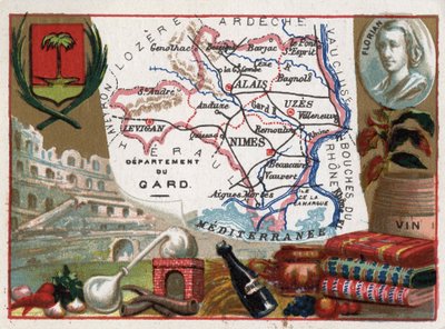 Le Gard (30), Langwedocja-Roussillon (Languedoc Roussillon), Francja - Lokalna specjalność: eau de vie (aparat destylacyjny) i wino - Portret Jean-Pierre-Clarisa (Jean Pierre Claris) de Florian (1755-1794) - Serie na departamentach francuskich - Chromoli autorstwa French School