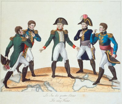 Gra Czterech Monet lub Pięciu Braci, rysunek bonapartystowski przedstawiający Napoleona i jego braci, 1808 autorstwa French School