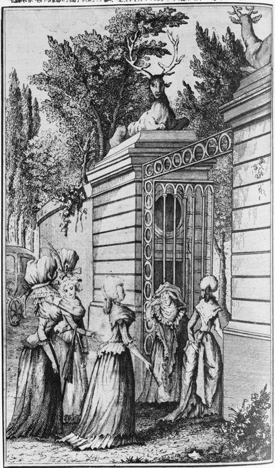 Le Parc aux Cerfs, brama do królewskiej przystani Ludwika XV (1710-1774), zarządzana przez Madame de Pompadour (1721-64) autorstwa French School