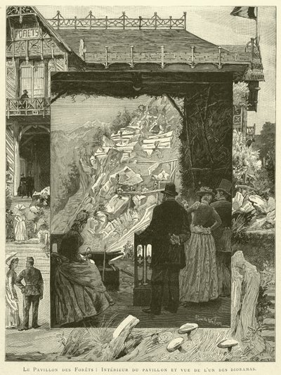 Le Pavillon des Forets, Wnętrze pawilonu i widok jednej z dioram (grafika) autorstwa French School
