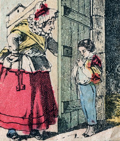 Le Pere Fouettard, francuska postać ojca do bicia, legendarna postać folkloru karząca niegrzeczne dzieci: jego żona, La Mere Fouettard matka do bicia, która rodzi żałujące dzieci - zdjęcie Epinal autorstwa French School