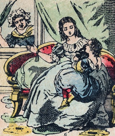 Le Pere Fouettard, francuska postać ojca do bicia, legendarna postać folkloru karząca niegrzeczne dzieci: jego żona, La Mere Fouettard matka do bicia, która nie upomina mądrych dzieci - obraz Epinal autorstwa French School