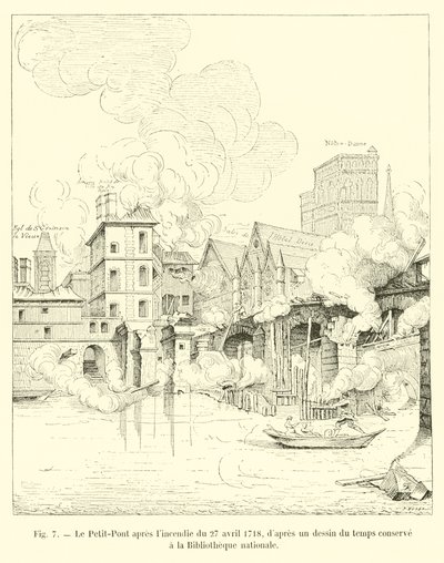 Petit-Pont po pożarze z 27 kwietnia 1718 r. z ryciny z epoki przechowywanej w Bibliotece Narodowej autorstwa French School