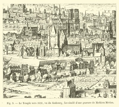 Świątynia ok. 1620 widziana z faubourga, faksymile ryciny Mathieu Meriana autorstwa French School