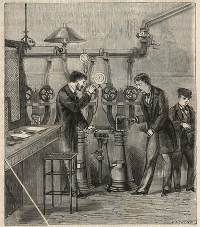 Poczta pneumatyczna w Paryżu - Poczta pneumatyczna lub poczta pneumatyczna w Paryżu - Grawerowanie w „Sciences mise à la range de tous - Physical et chimie populaires” Alexisa Clerca - Koniec XIX wieku - Kolekcja prywatna autorstwa French School