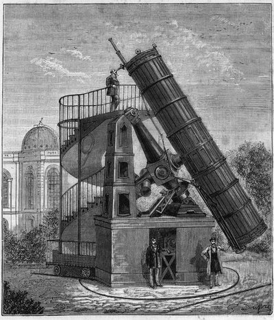 Wielki teleskop obserwatorium paryskiego w XIX wieku – Grawerowanie w „Sciences à la potee de tous –physic et chimie populaires”” Alexisa Clerca – koniec XIX wieku. Prywatna kolekcja. autorstwa French School