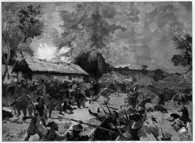 Zasadzka (guet apens) w Hue, 4-5 lipca 1885 r.: atak armii tonkijskiej (Wietnam) na francuskie oddziały generała de Courcy. Grawerowanie w ""Wspaniałym Świecie"" autorstwa French School