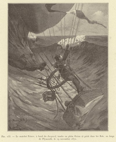 Żeglarz Prince, na pokładzie żakardu, spada na środek oceanu i ginie na falach, niedaleko Plymouth, 29 listopada 1870 (rycina) autorstwa French School