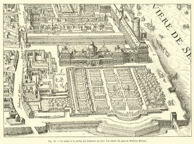 Pałac i ogród Tuileries w 1615 r., faksymile planu Mathieu Merian autorstwa French School