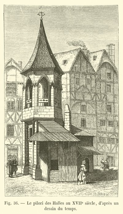 Pręgierz Les Halles w XVII wieku, z ryciny z tamtych czasów autorstwa French School