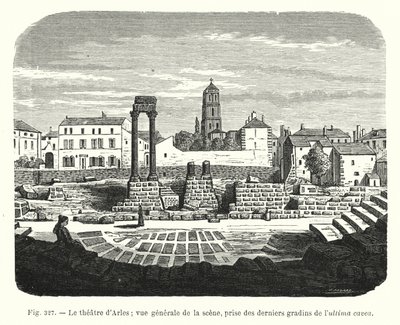 Teatr w Arles; widok ogólny sceny, wzięty z ostatnich trybun ultima cavea (grafika) autorstwa French School