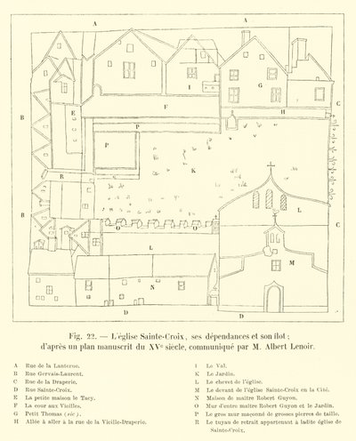 Kościół Sainte-Croix, jego budynki gospodarcze i wyspa; wg planu rękopisu z XV w. przekazanego przez M Alberta Lenoira autorstwa French School