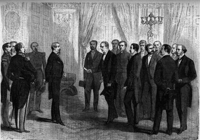 Cesarz Napoleon III przyjmuje w Tuileries delegację meksykańską odpowiedzialną za ofiarowanie korony Meksyku księciu Maksymilianowi (Maksymilianowi I). Paryż autorstwa French School