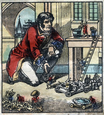Lemuel Gulliver doradca armii Lilliput. Ilustracja do „Podróży Guliwera” Jonathana Swifta (1667-1745). Obrazowanie epinal pod koniec XIX wieku. autorstwa French School