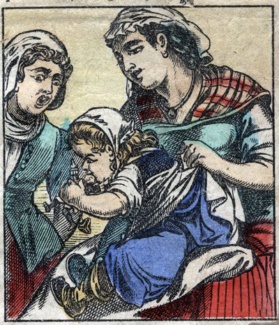 Lemuel Gulliver w Payx des Gants de Brobdingnag. Ilustracja do „Podróży Guliwera” Jonathana Swifta (1667-1745). Obrazowanie epinal pod koniec XIX wieku. autorstwa French School