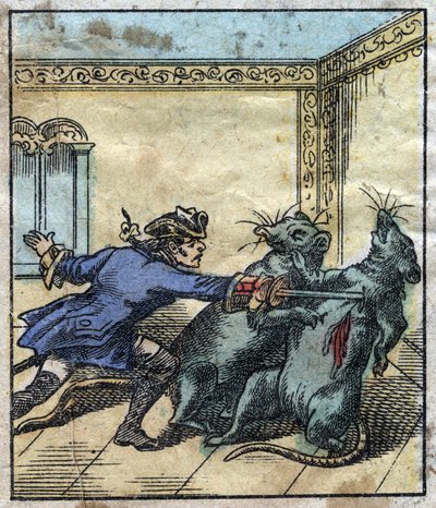Lemuel Gulliver walczy ze szczurami w krainie gigantów Brobdingnag. Ilustracja do „Podróży Guliwera” Jonathana Swifta (1667-1745). Obrazowanie epinal pod koniec XIX wieku. autorstwa French School
